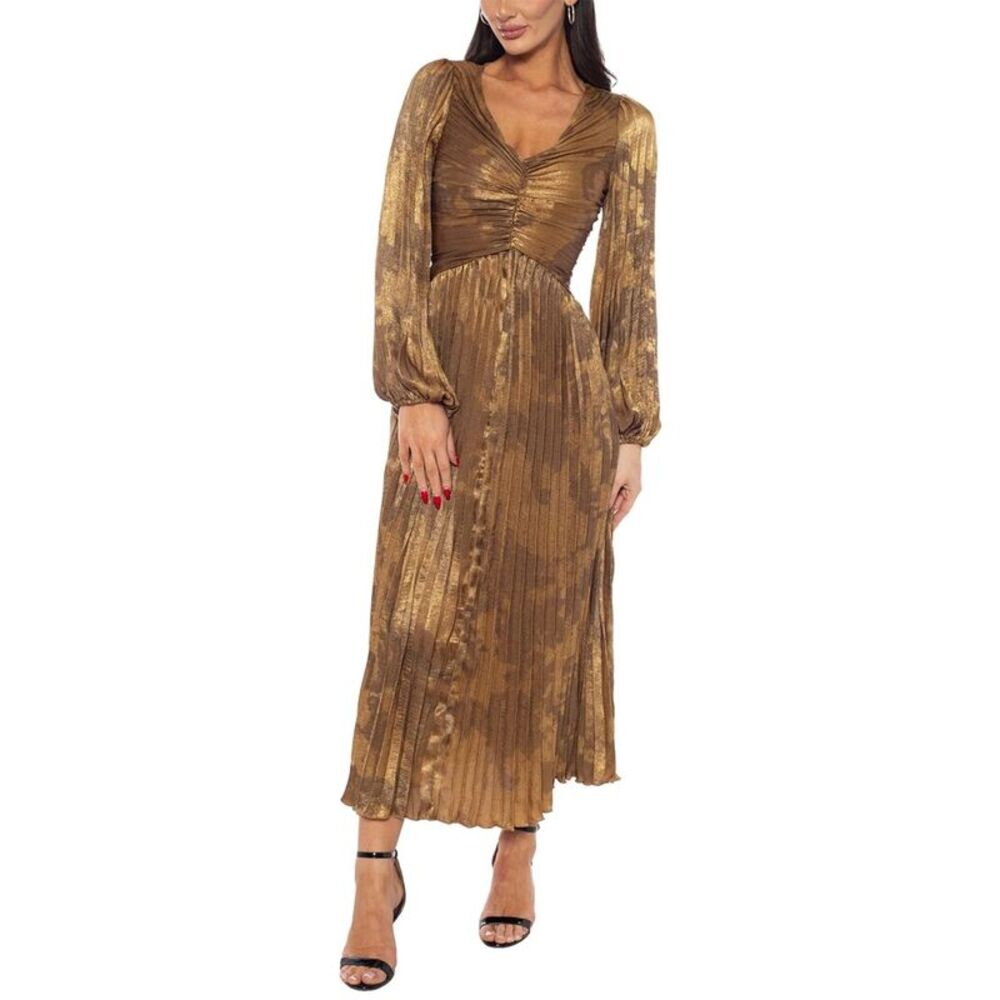 MARINA Gold Pleated Midi Dress